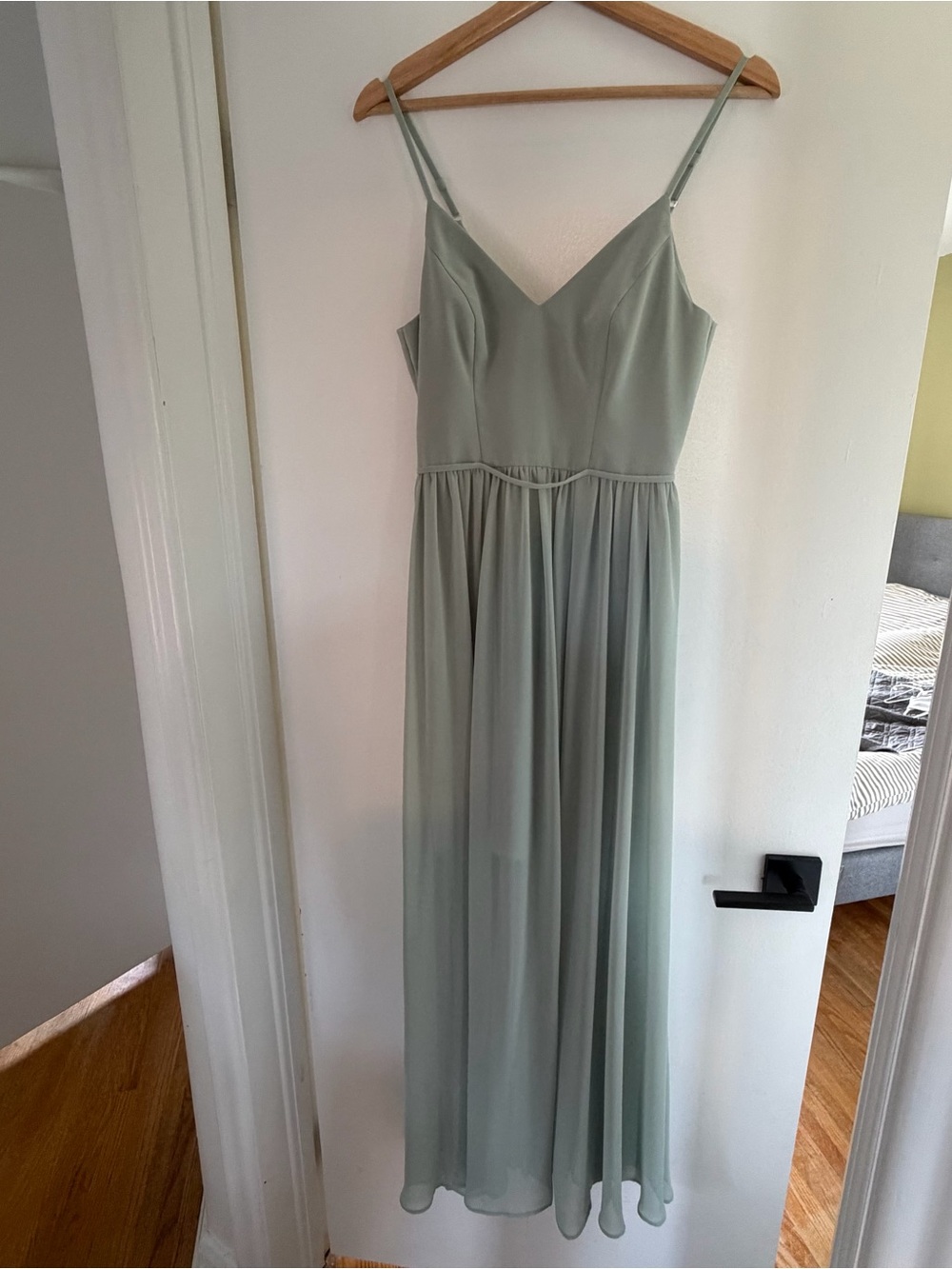 Davidโs Bridal Bridesmaid Spaghetti Strap V-Neck Maxi Dress in Dusty Sage